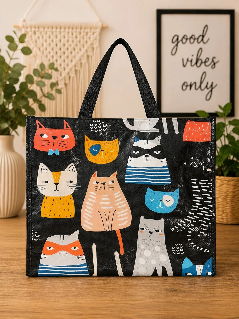 Whimsical Cat Print Reusable Tote Bag – Large 17.5
